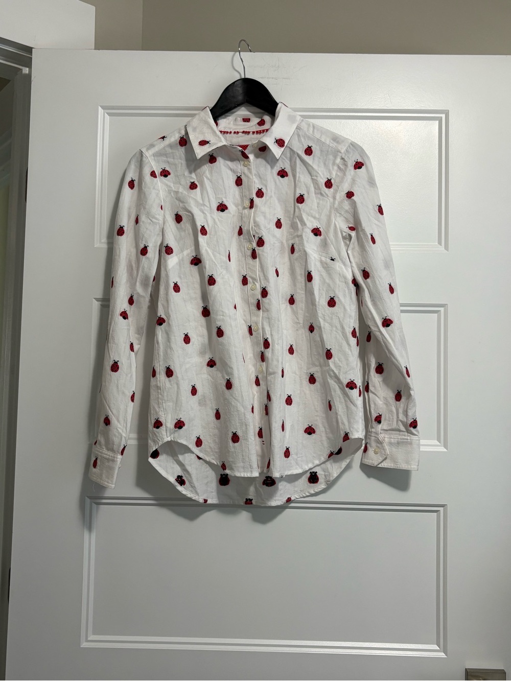 Anthropologie White Button-Down Shirt with Red Ladybug Sz Small